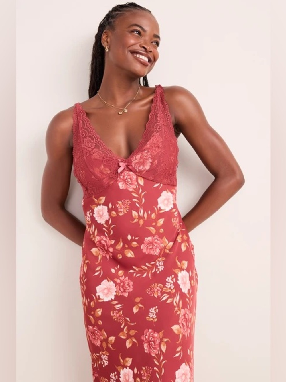 Francesca's Rose Red Floral Slip with Lace Detail - Picture 2 of 13